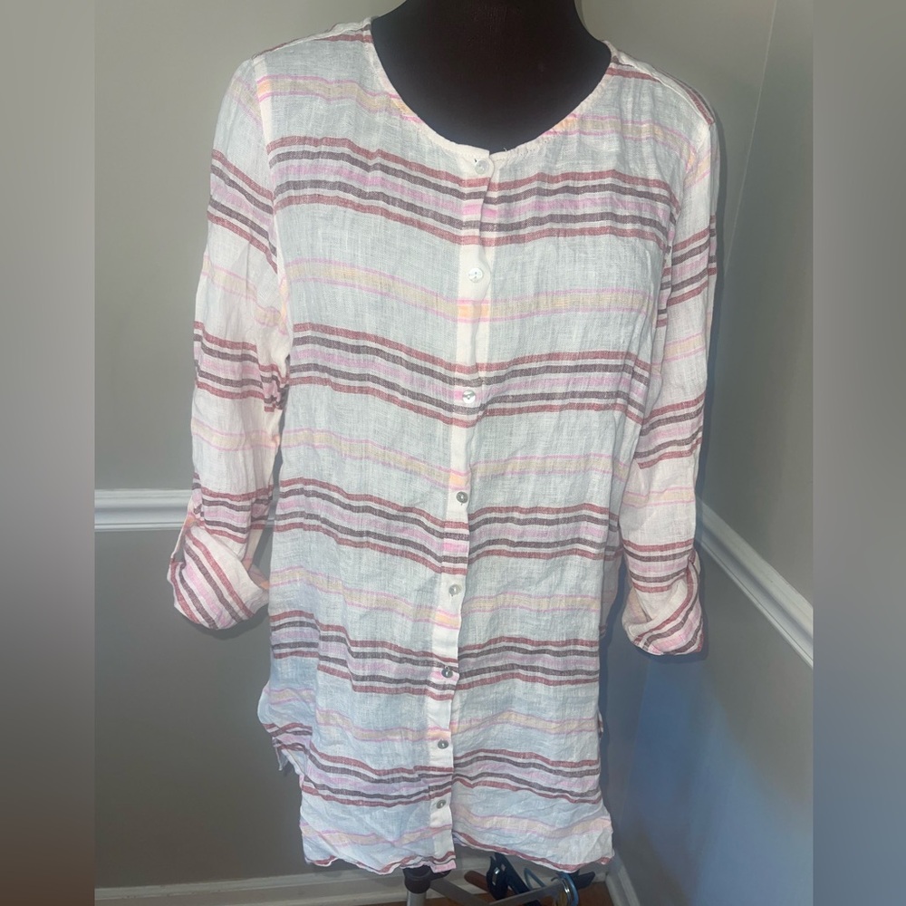 St.Tropez West Linen Striped Shirt Womens L Stripe White Pink Vacation Travel